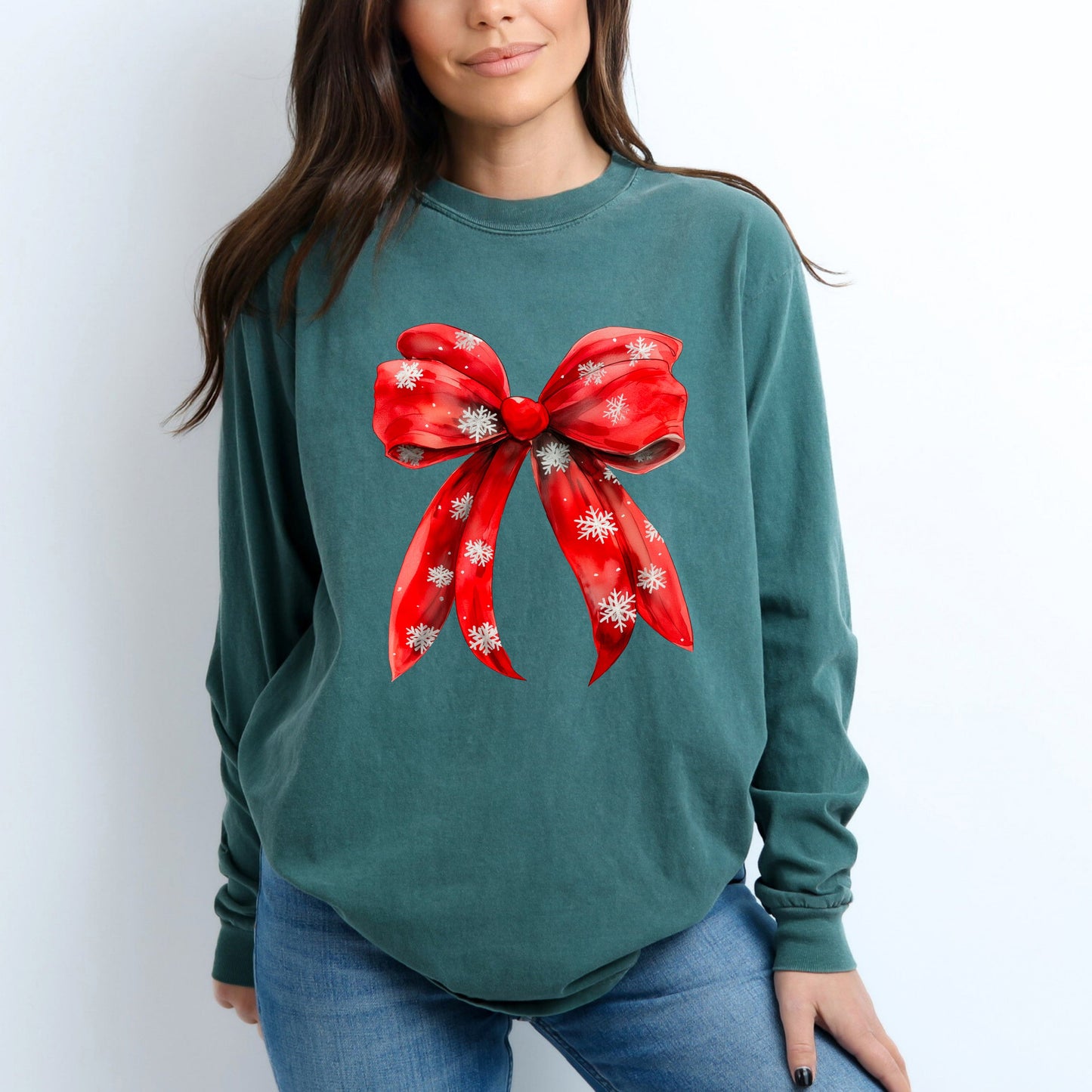 Coquette Christmas Snowflake Bow | Garment Dyed Long Sleeve