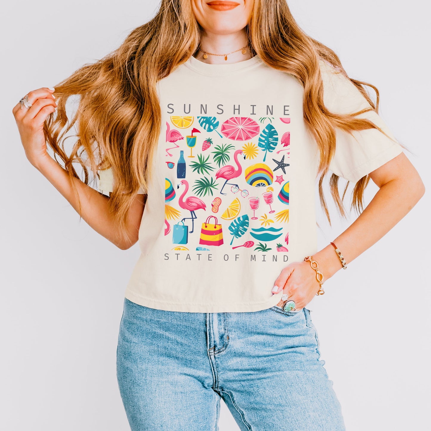 Sunshine State Of Mind Flamingos | Relaxed Fit Cropped Tee
