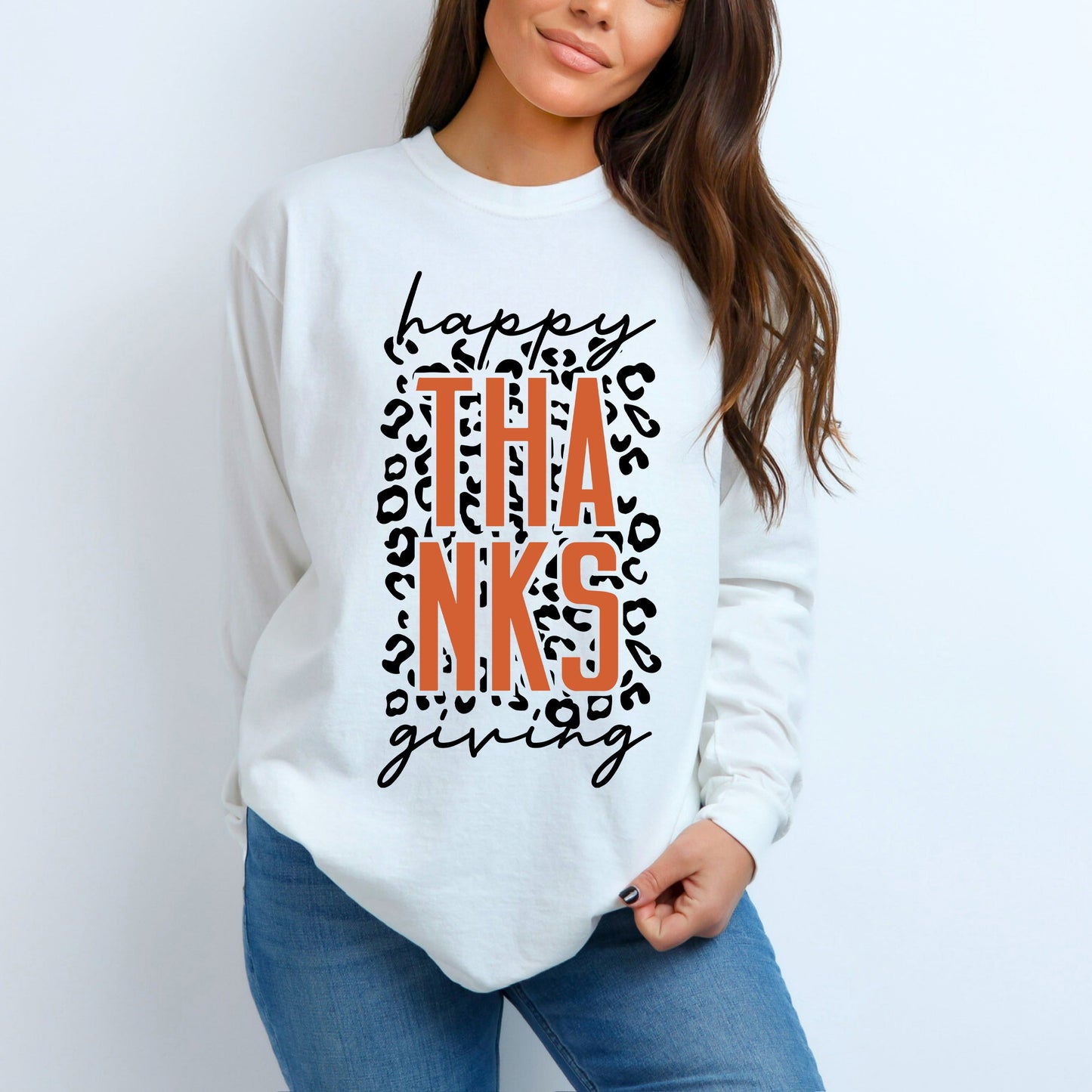 Happy Thanksgiving Orange Leopard | Garment Dyed Long Sleeve