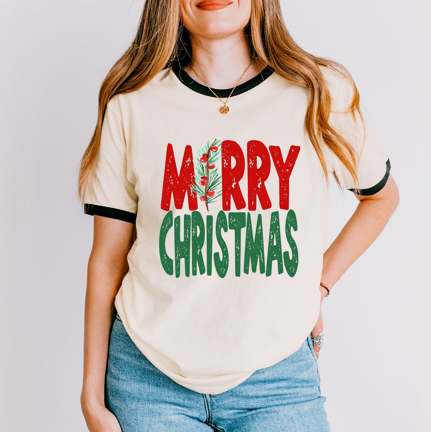 Red And Green Merry Christmas | Ringer Tee