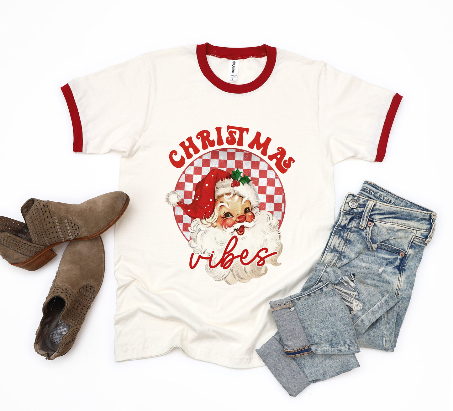 Christmas Vibes Santa Checkered | Ringer Tee