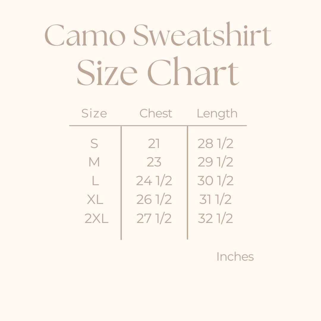 Woman's Heavyweight Camo Sweatshirt - size guide