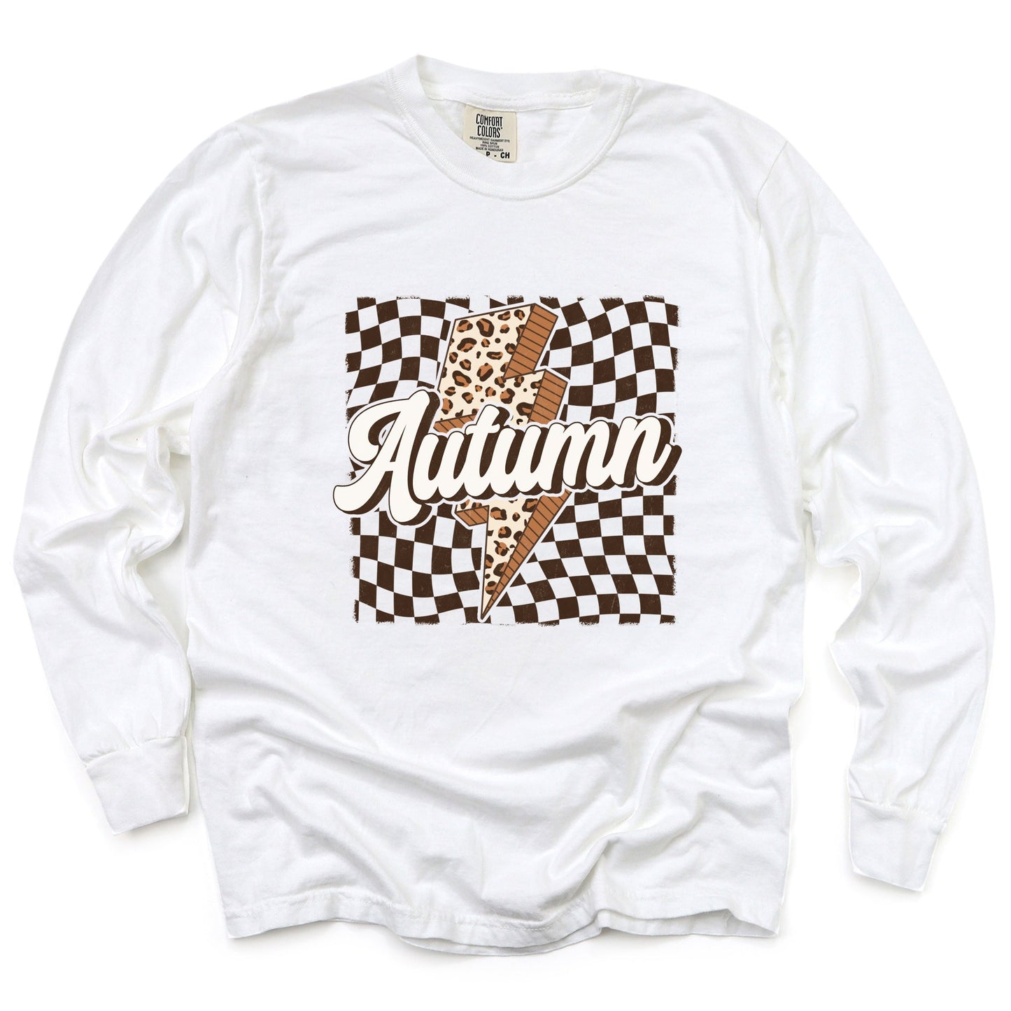 Autumn Lightning Checkered - Women's Garment Dyed Long Sleeve Graphic T-Shirt