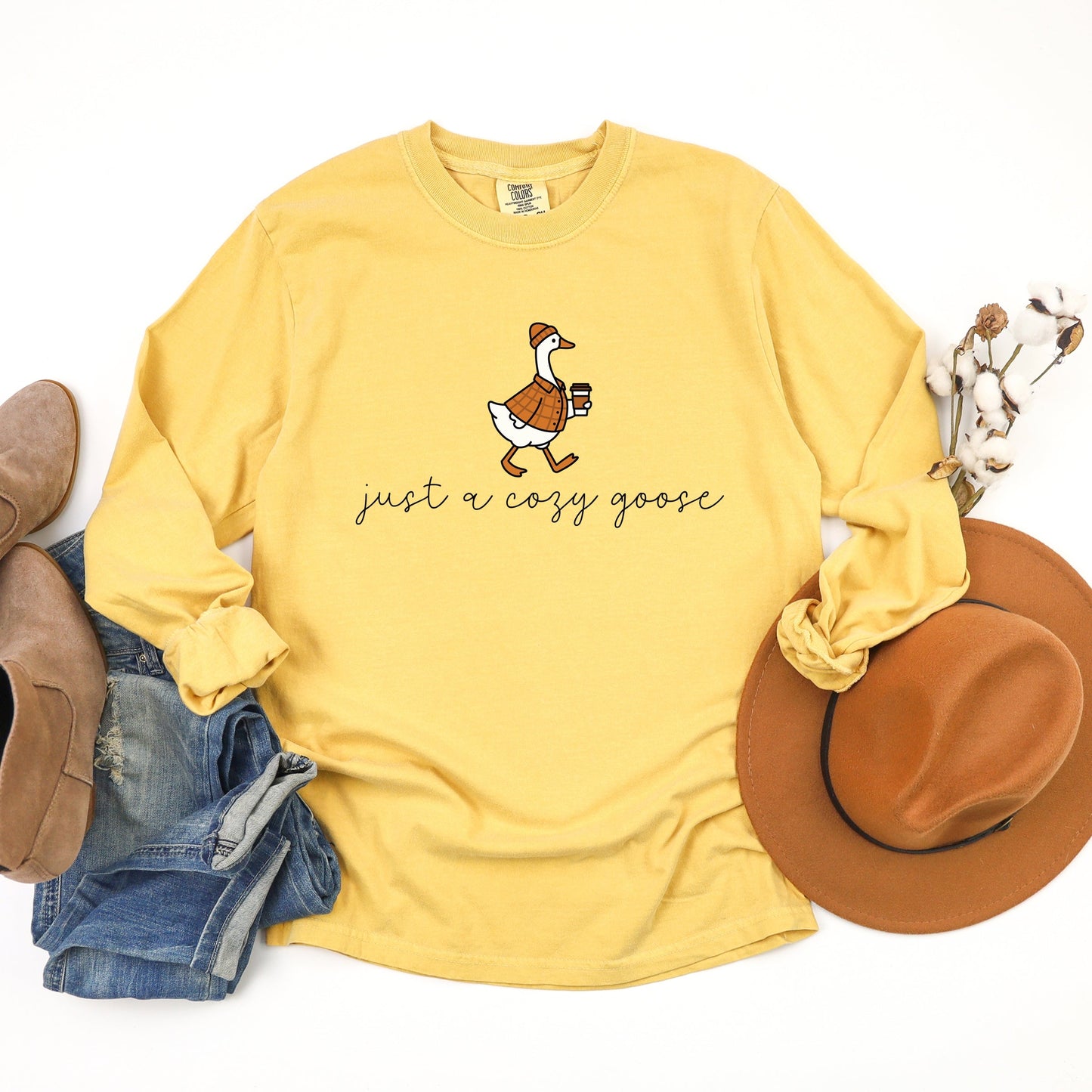 Just A Cozy Goose Plaid - Women's Garment Dyed Long Sleeve Graphic T-Shirt