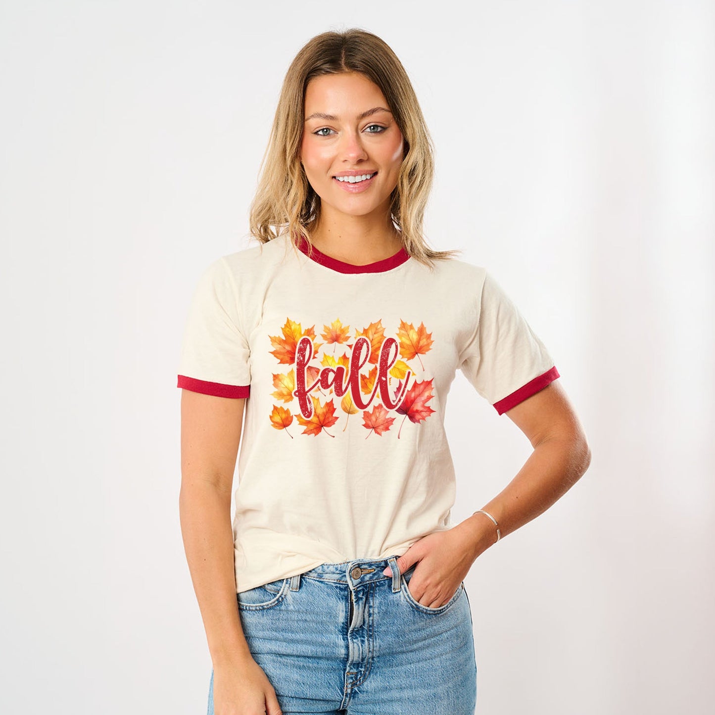 Fall Leaves Watercolor - Women's Ringer Graphic T-Shirt