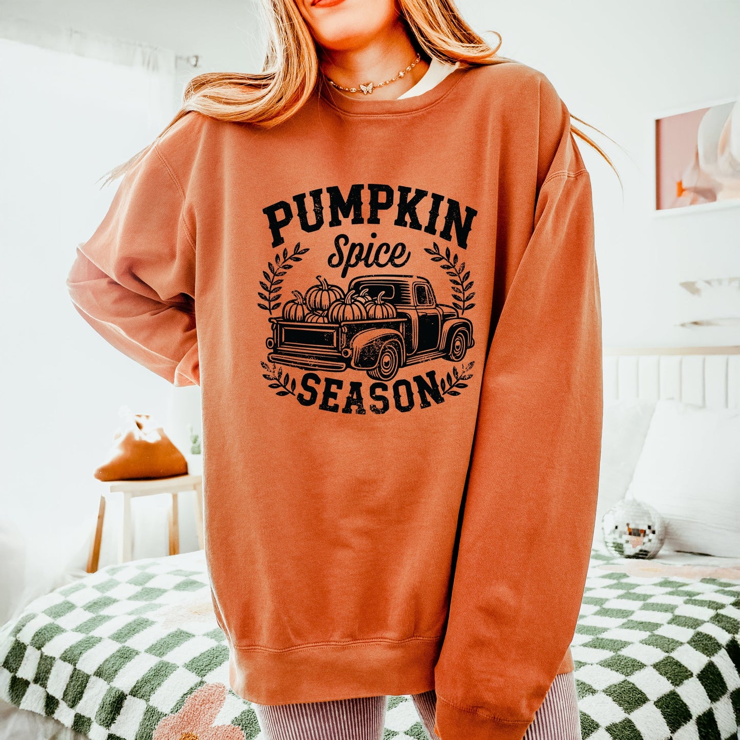 Pumpkin Spice Season Truck Distressed - Lightweight Garment Dyed Sweatshirt