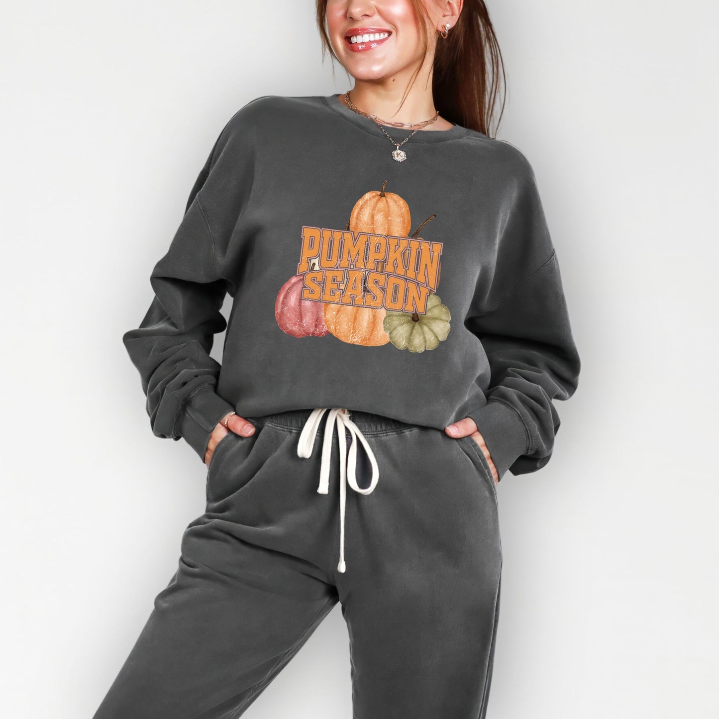 Pumpkin Season Stacked Distressed - Women's Lightweight Garment Dyed Sweatshirt