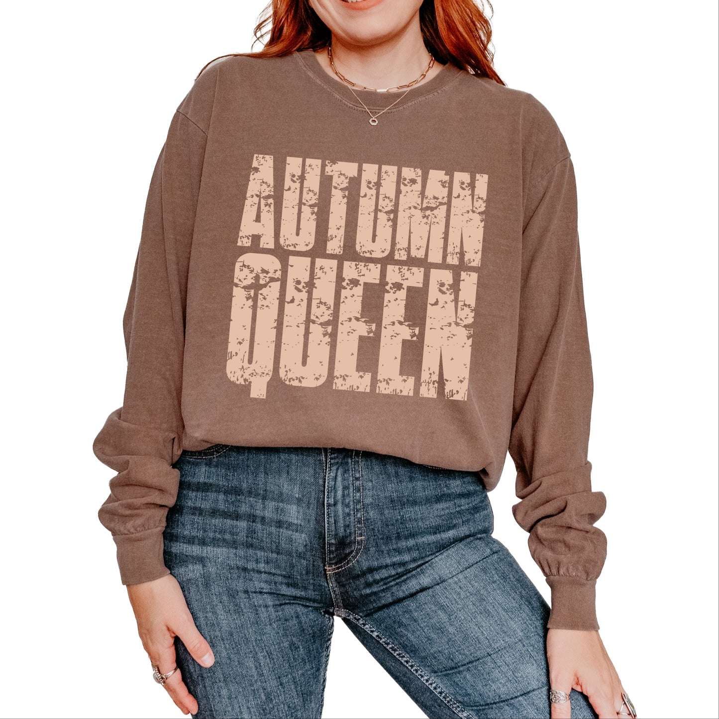 Autumn Queen Block Distressed - Women's Garment Dyed Long Sleeve Graphic T-Shirt