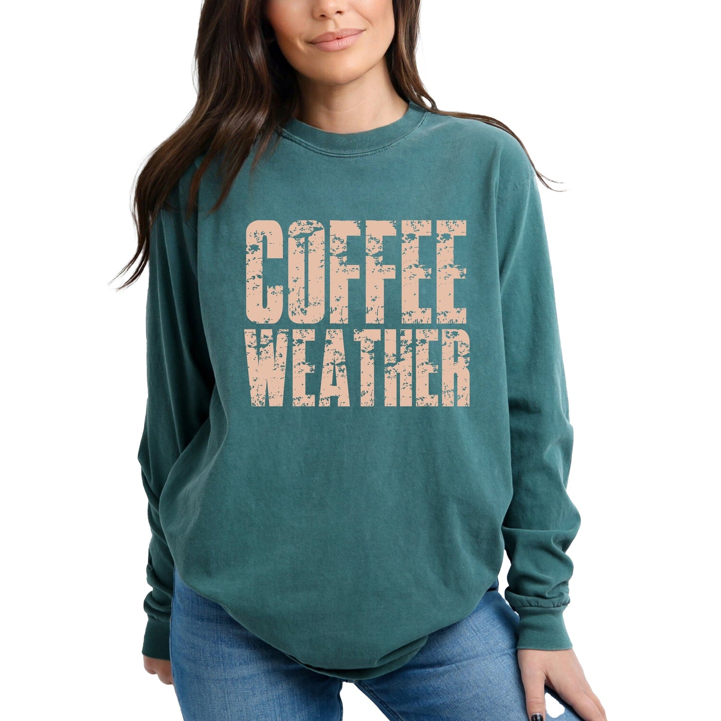 Coffee Weather Block Distressed - Women's Garment Dyed Long Sleeve Graphic T-Shirt