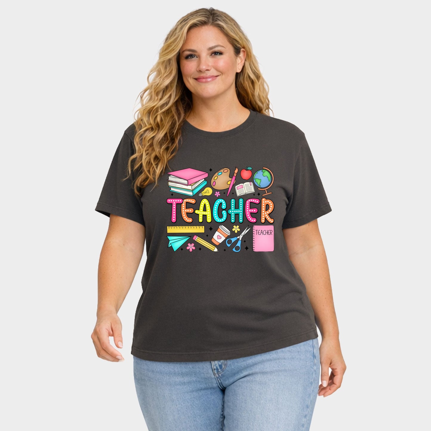 Teacher Bright Collage - Women's Plus Sized Garment Dyed Graphic T-Shirt