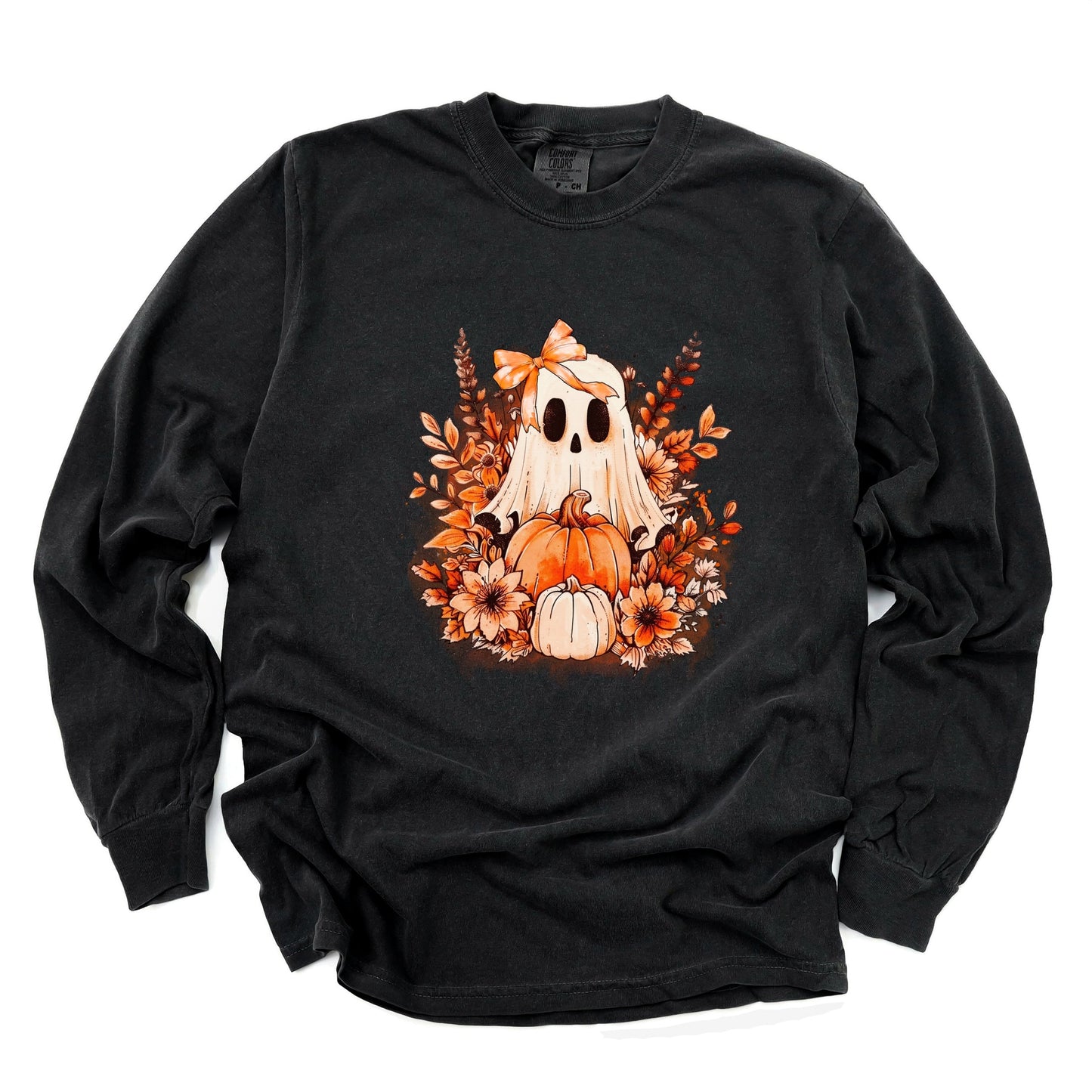 Girl Ghost Floral - Women's Garment Dyed Long Sleeve Graphic T-Shirt