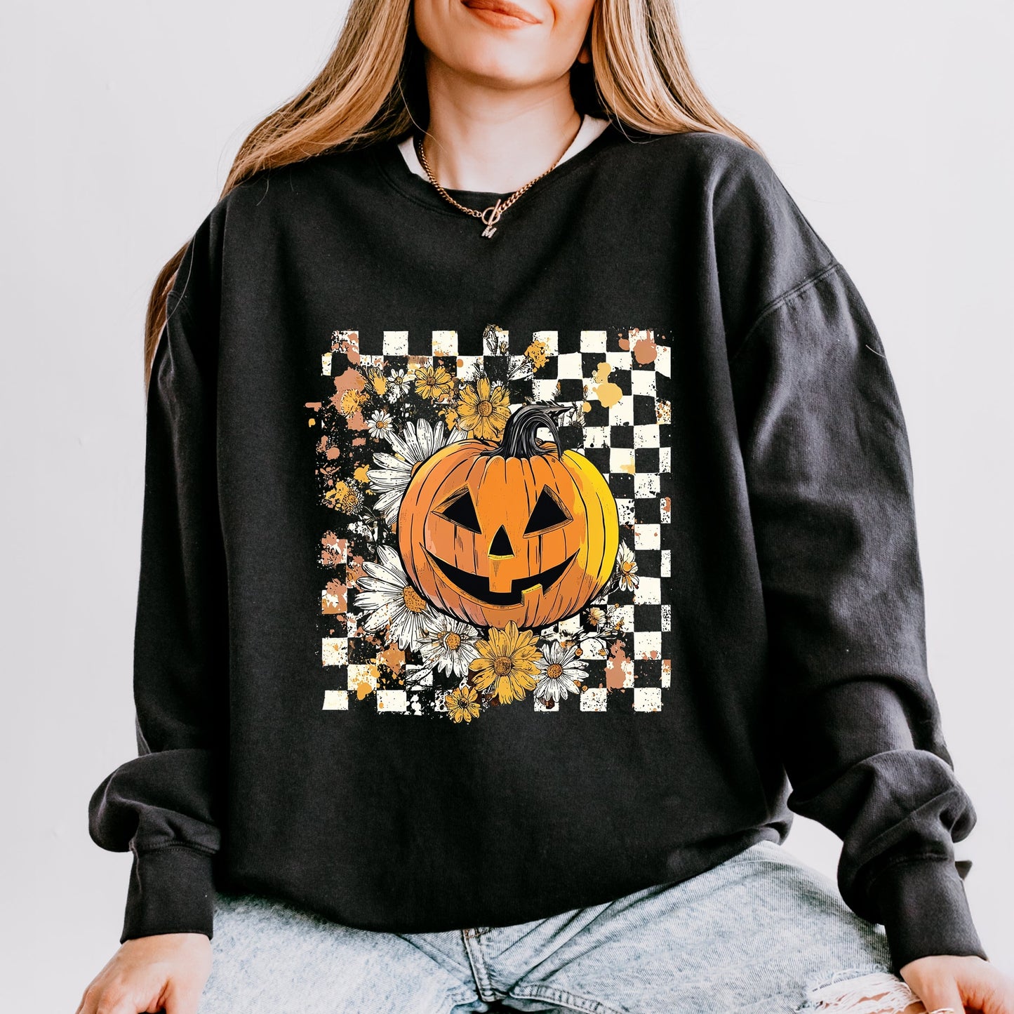 Carved Pumpkin Checkered Floral - Women's Lightweight Garment Dyed Sweatshirt