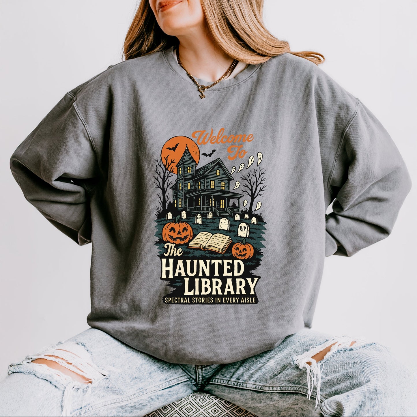 The Haunted Library - Women's Lightweight Garment Dyed Sweatshirt