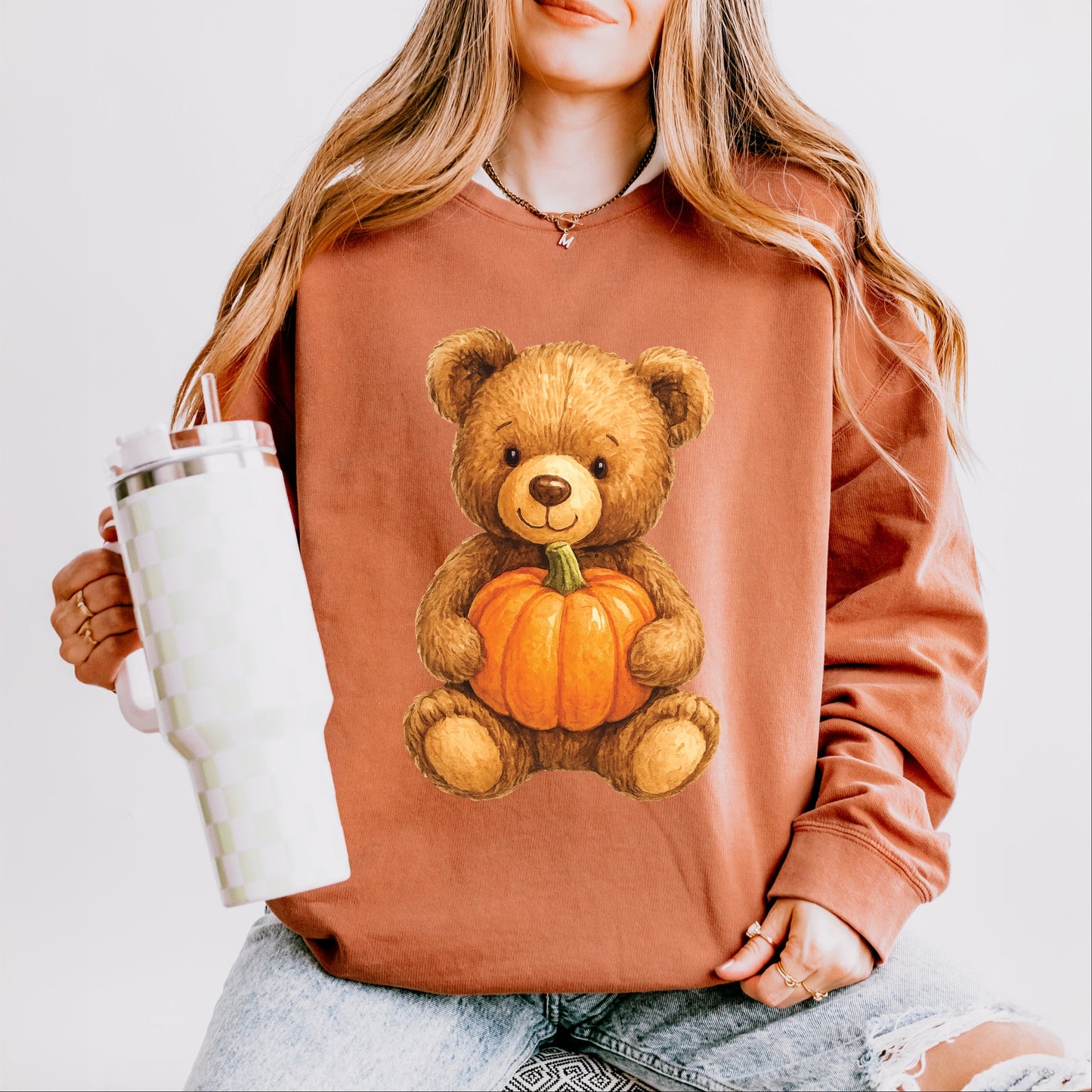 Watercolor Pumpkin Bear - Womens Lightweight Garment Dyed Sweatshirt