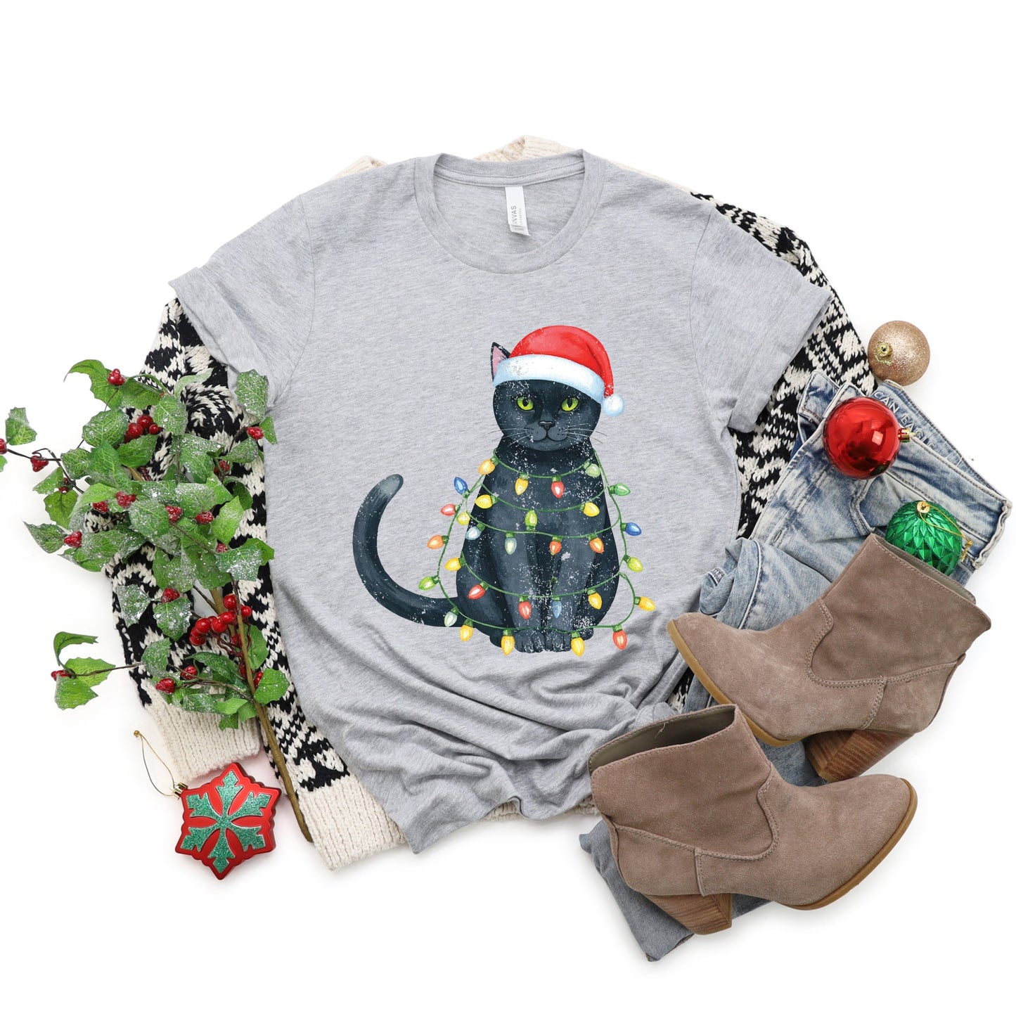 Black Cat Christmas Lights - Short Sleeve Tee