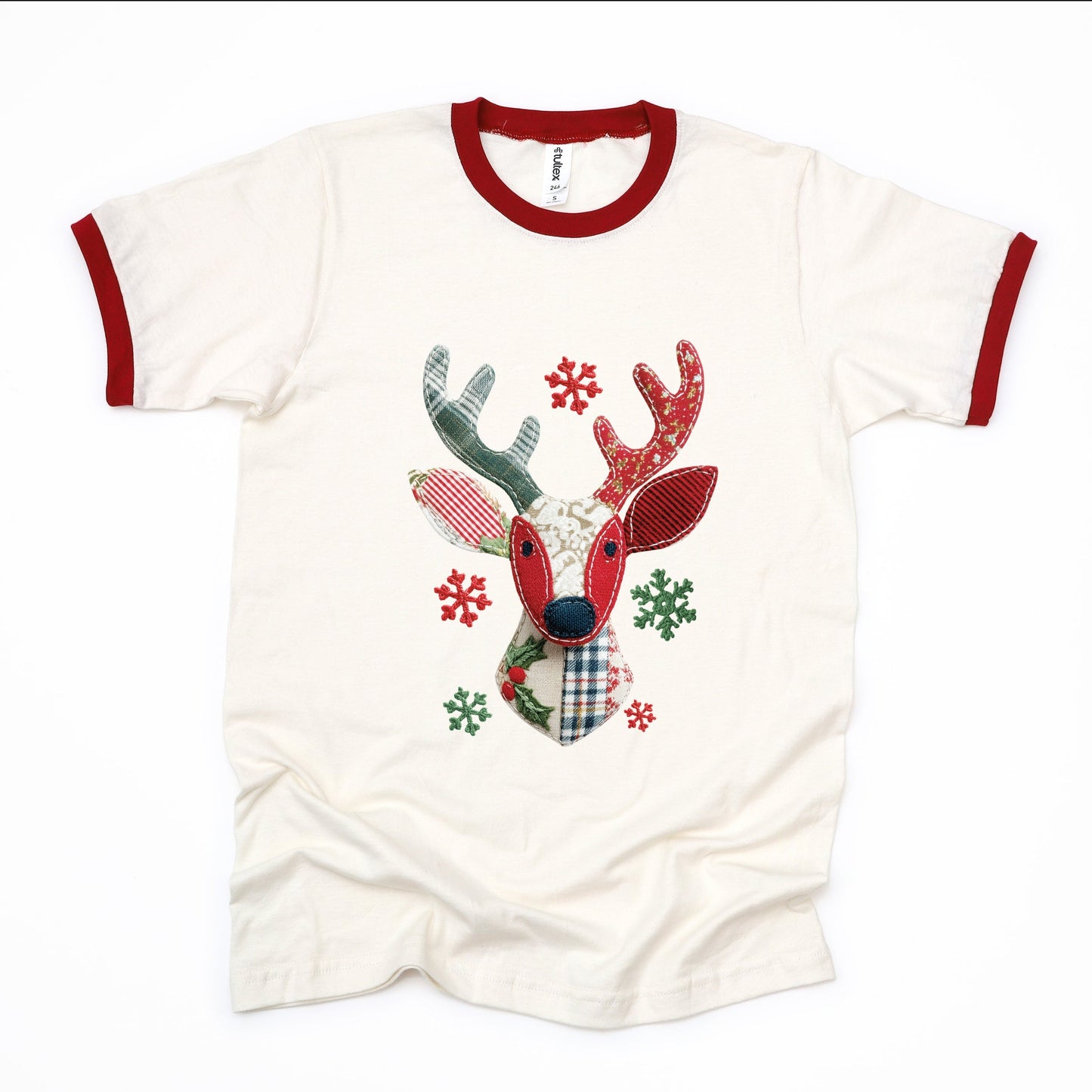Reindeer Patchwork Print - Women's Ringer Tee