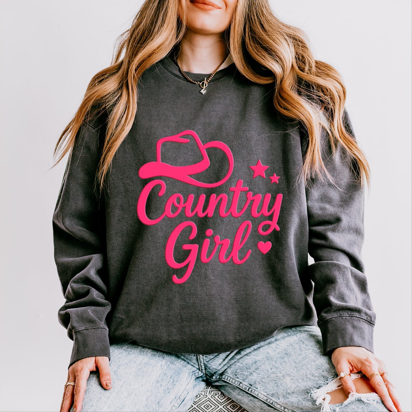 Country Girl Hat Puff Print - Womens Lightweight Garment Dyed Sweatshirt