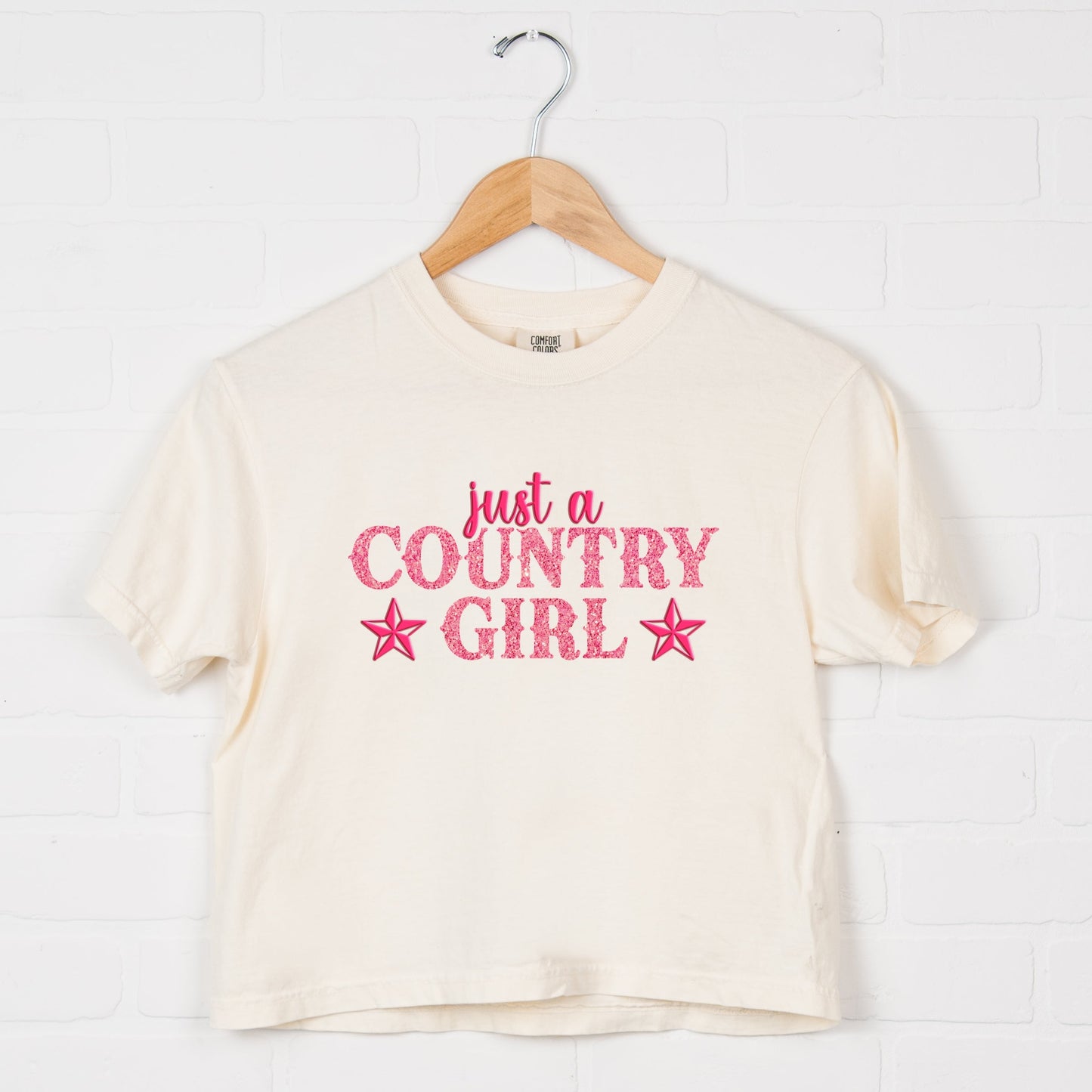 Just A Country Girl Stars Glitter/Puff Print - Womens Boxy Crop Top Graphic T-Shirt