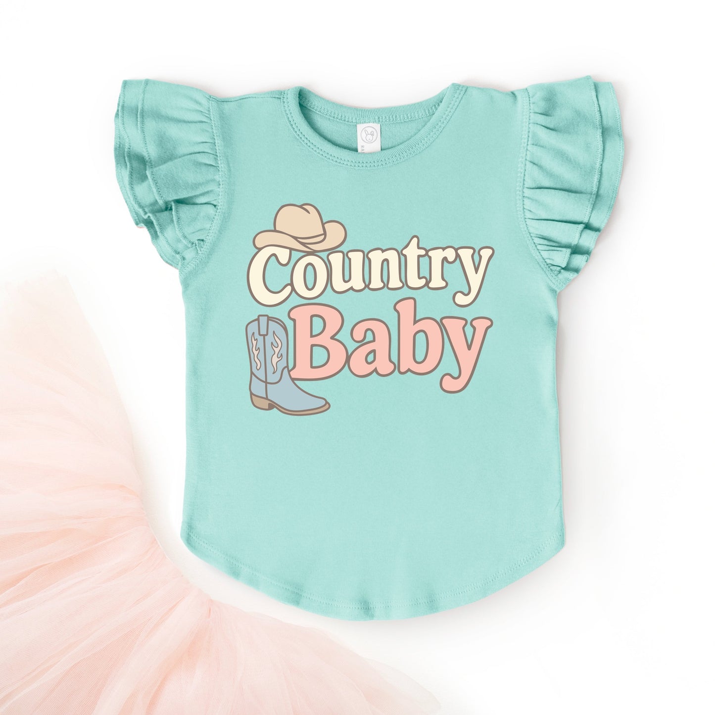 Country Baby Outline Pastel - Flutter Sleeve Graphic T-Shirt
