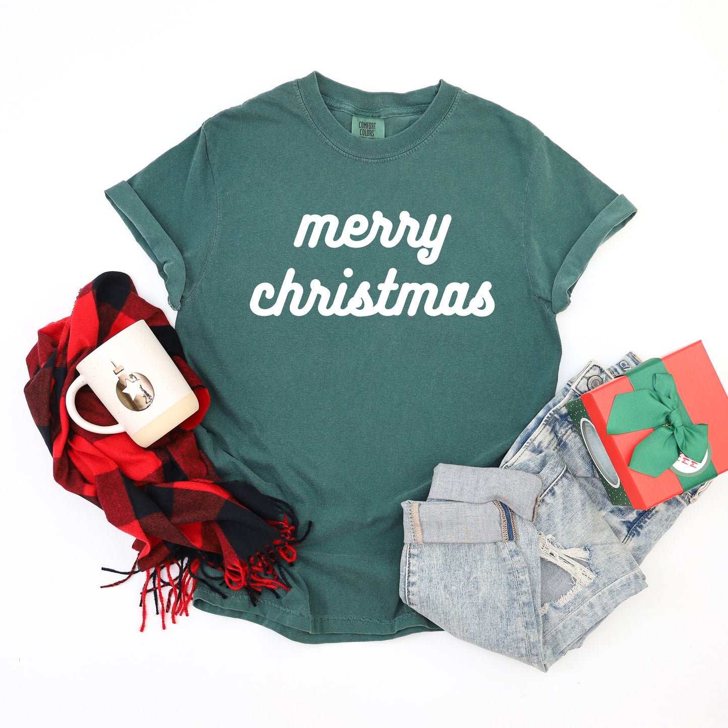 Merry Christmas Bold Cursive Words Puff Print | Garment Dyed Short Sleeve Tee