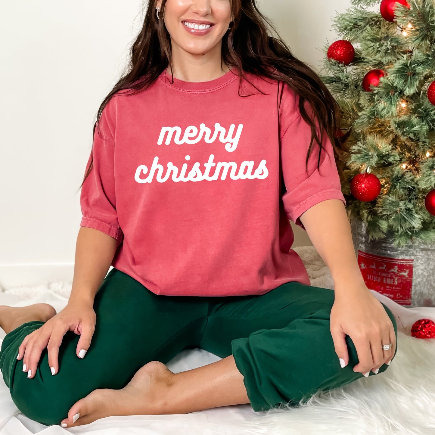 Merry Christmas Bold Cursive Words Puff Print | Garment Dyed Short Sleeve Tee