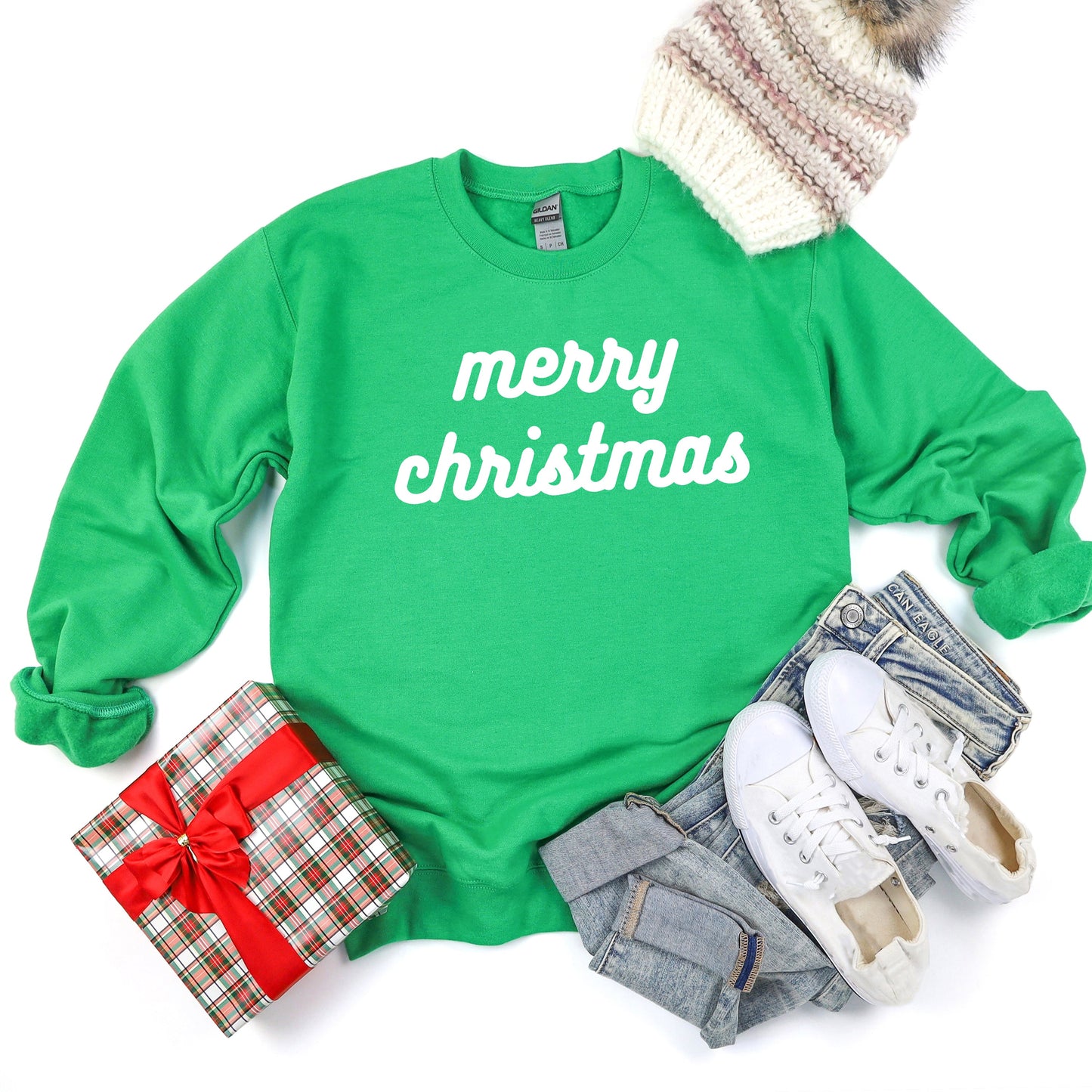 Merry Christmas Bold Cursive Words Puff Print |Sweatshirt