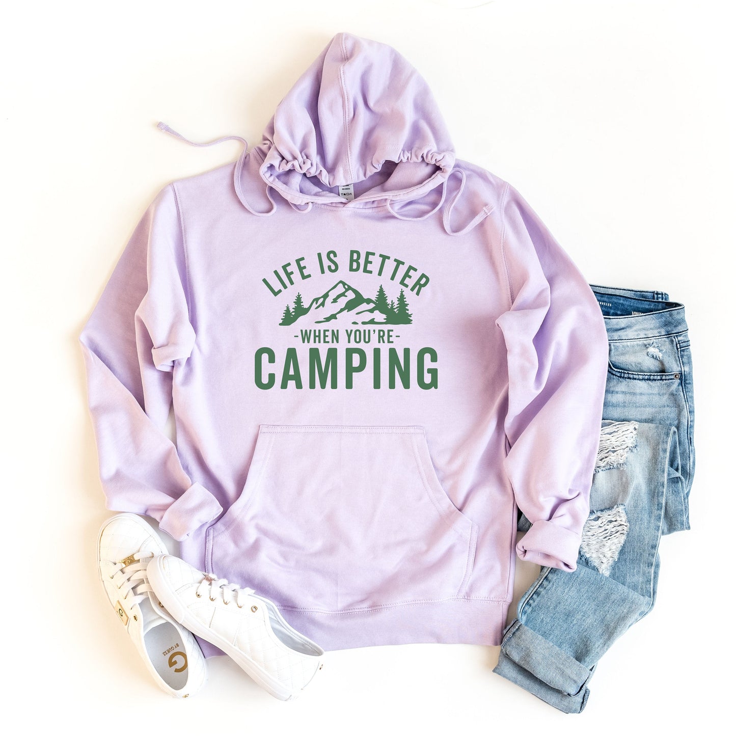 a purple hoodie that says life is better when you're camping