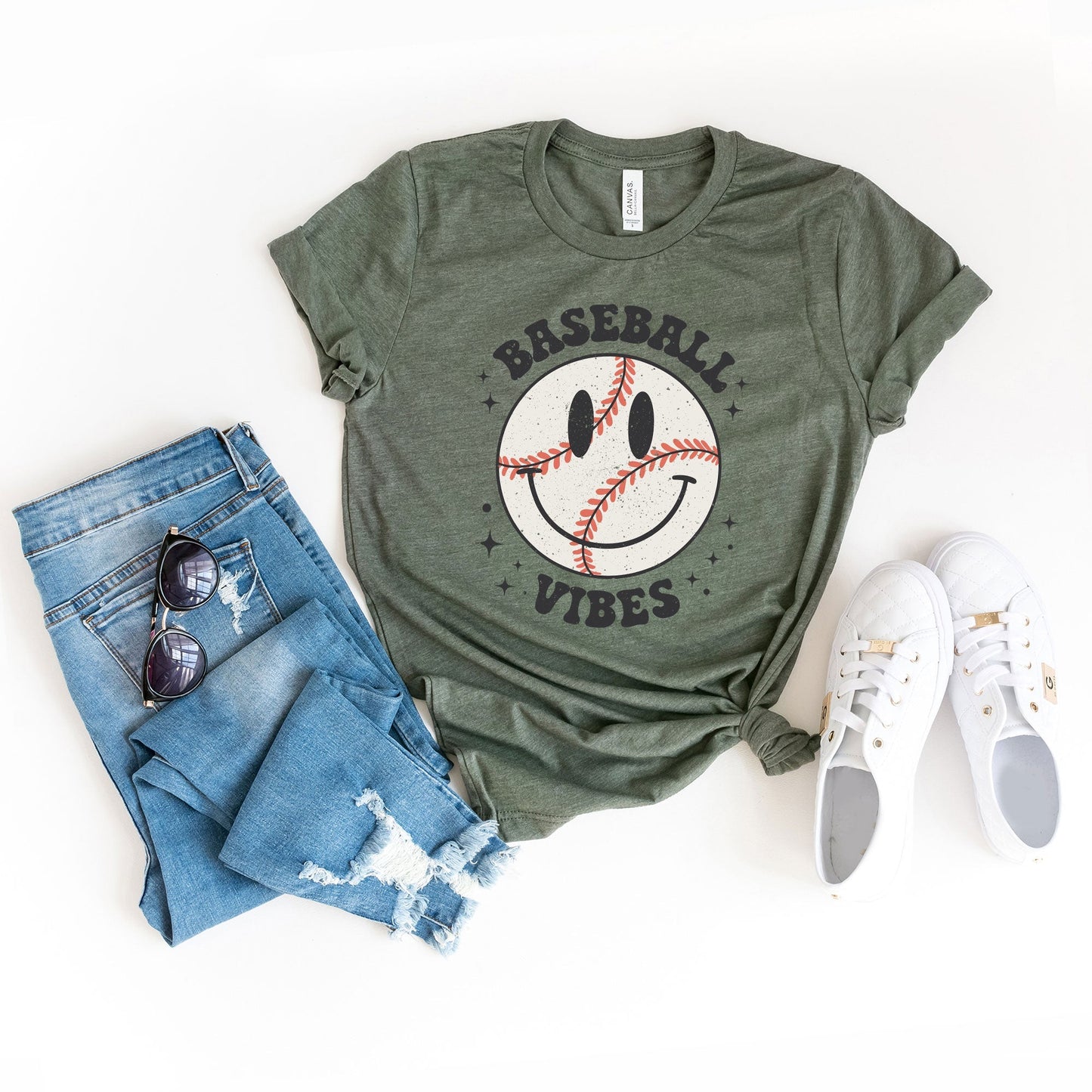 Baseball Vibes Smiley Face | Short Sleeve Crew Neck