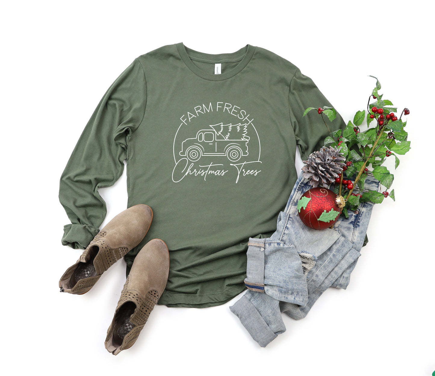 Farm Fresh Christmas Trees Cursive | Long Sleeve Crew Neck