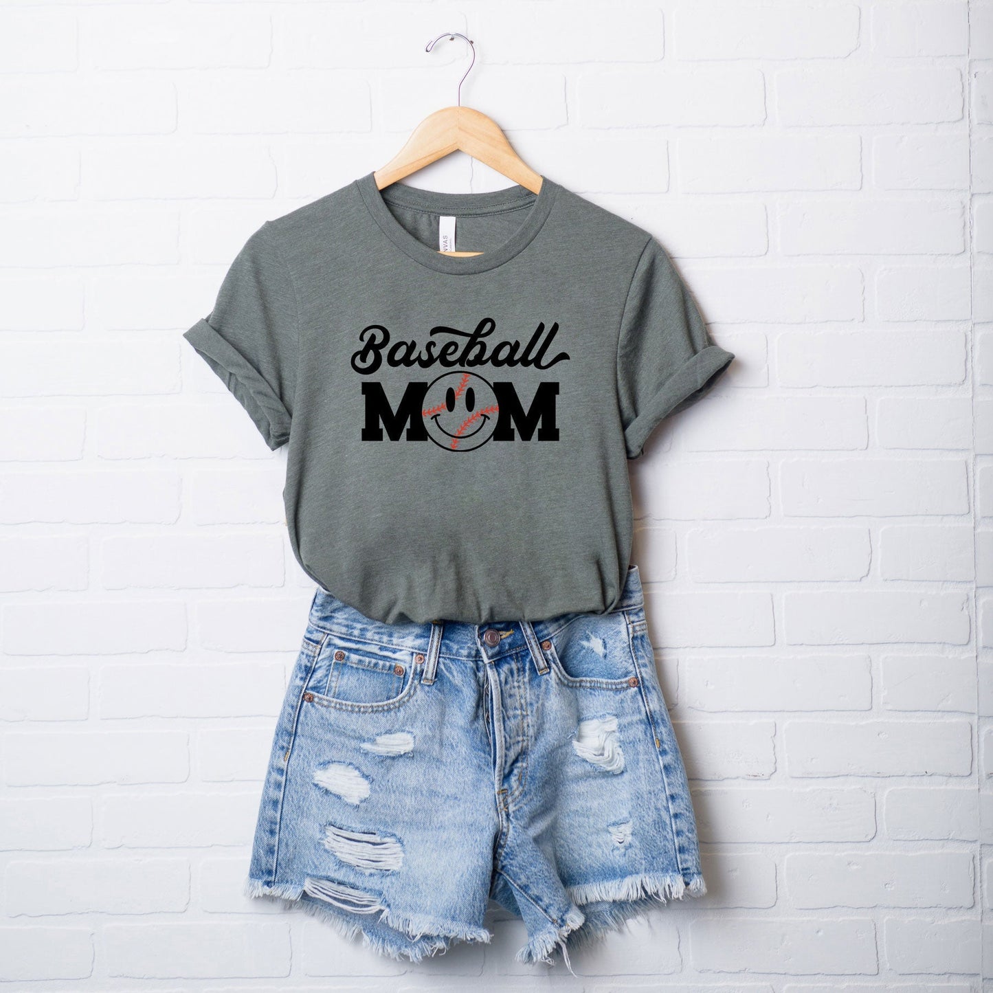 Baseball Mom Smiley Face | Short Sleeve Crew Neck