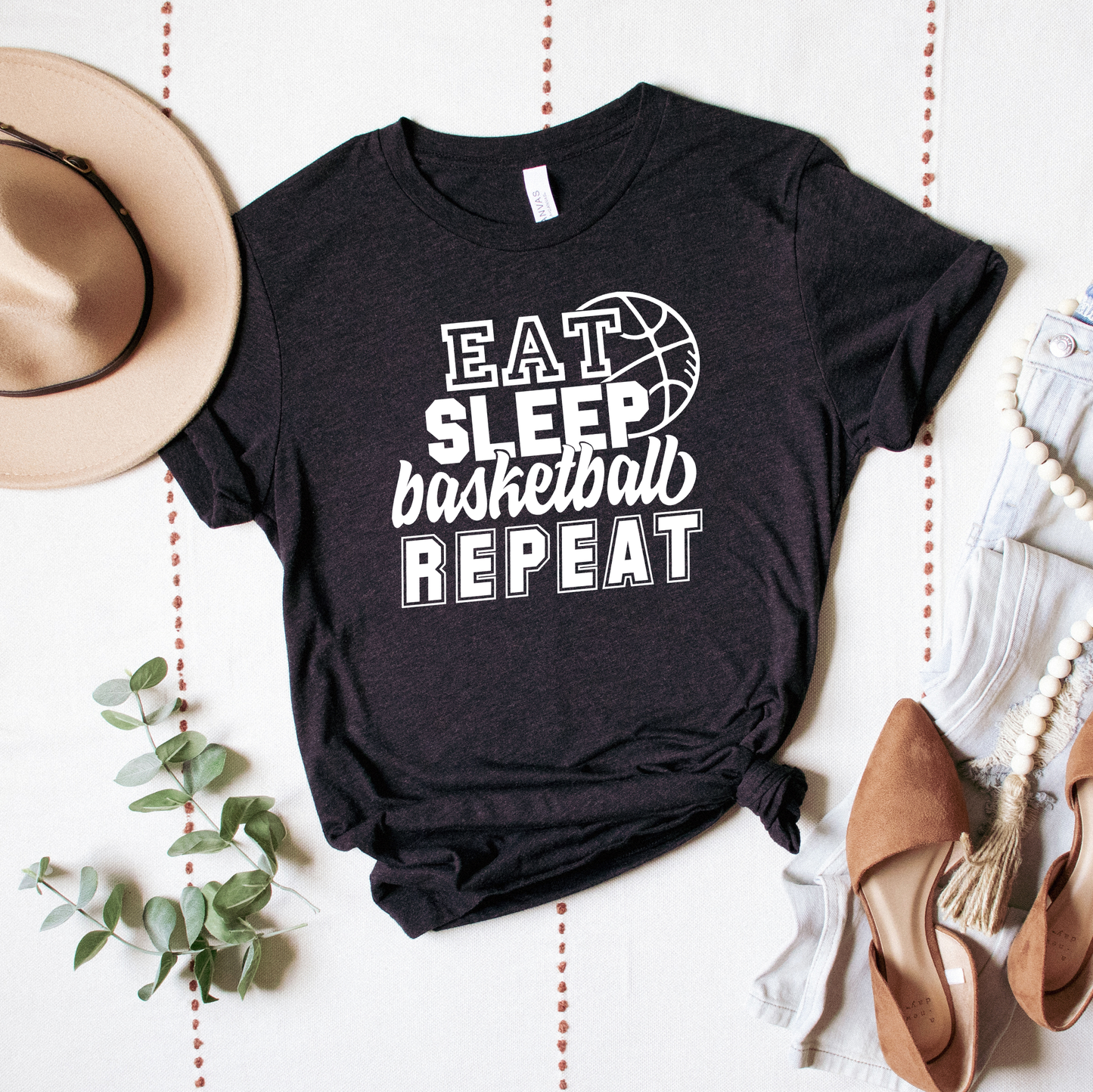 Eat Sleep Basketball Repeat With Ball | Short Sleeve Crew Neck