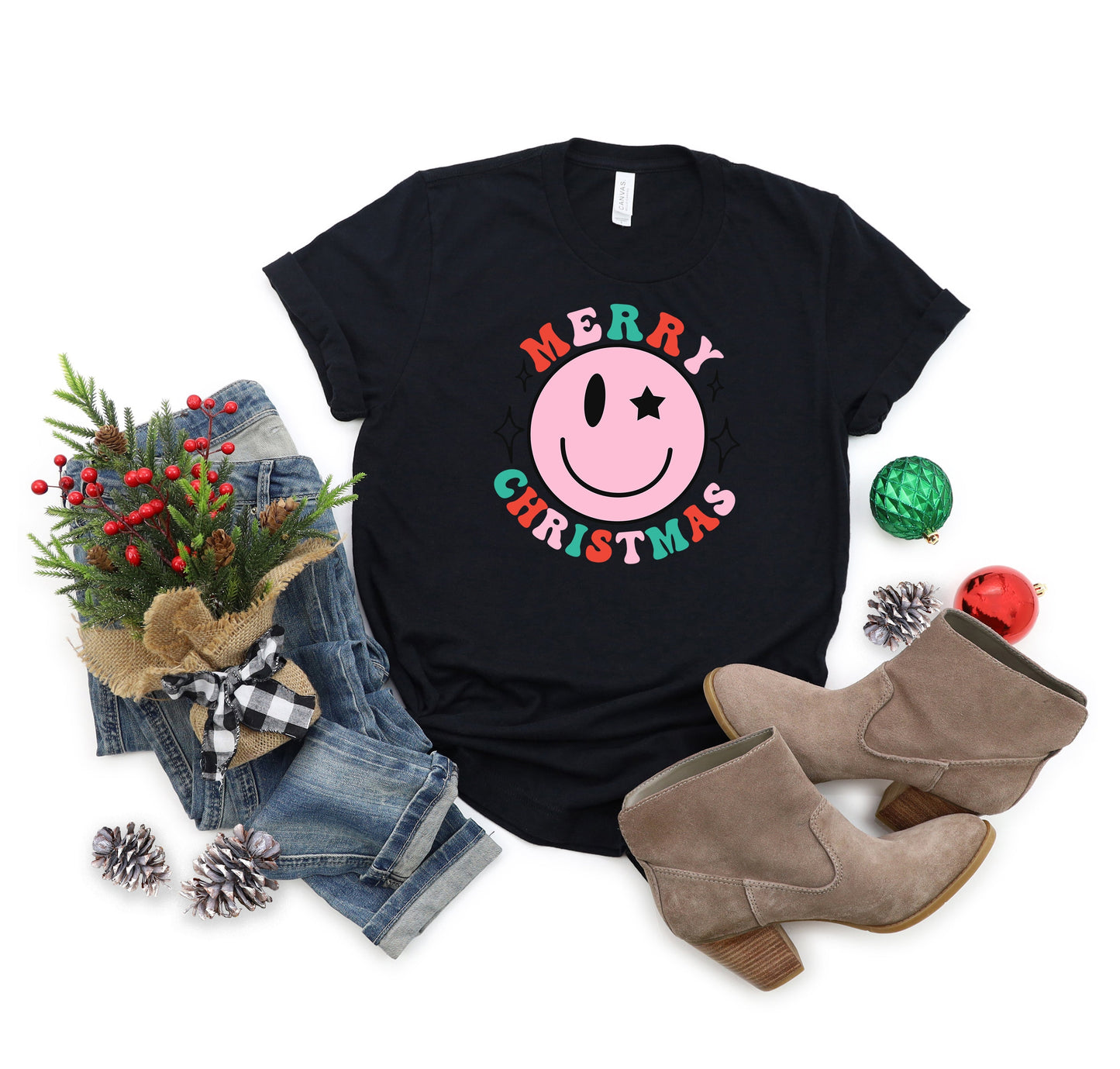 Merry Christmas Smiley | Short Sleeve Crew Neck