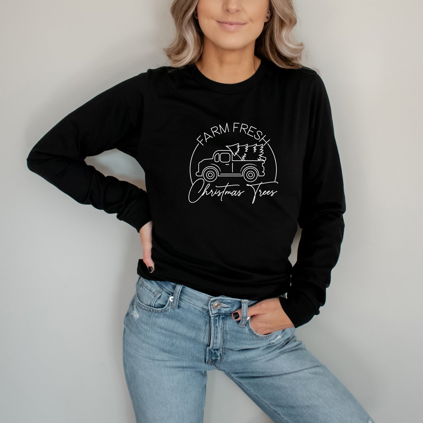 Farm Fresh Christmas Trees Cursive | Long Sleeve Crew Neck