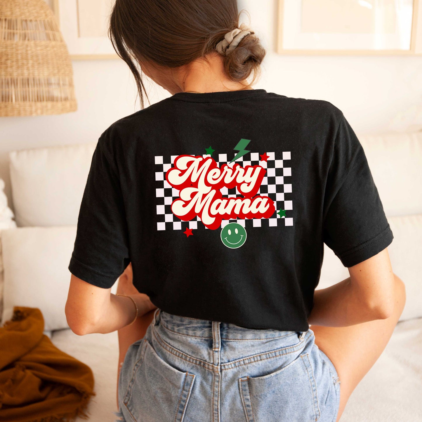 Merry Mama Checkered | Short Sleeve Crew Neck | Front And Back Ink
