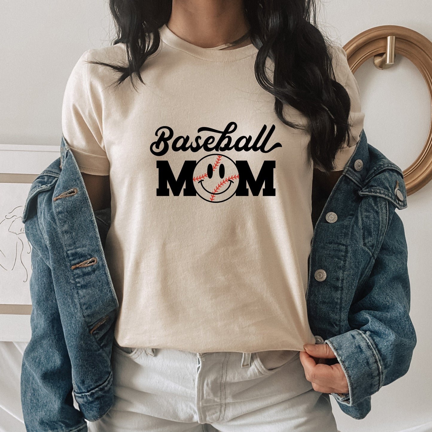 Baseball Mom Smiley Face | Short Sleeve Crew Neck