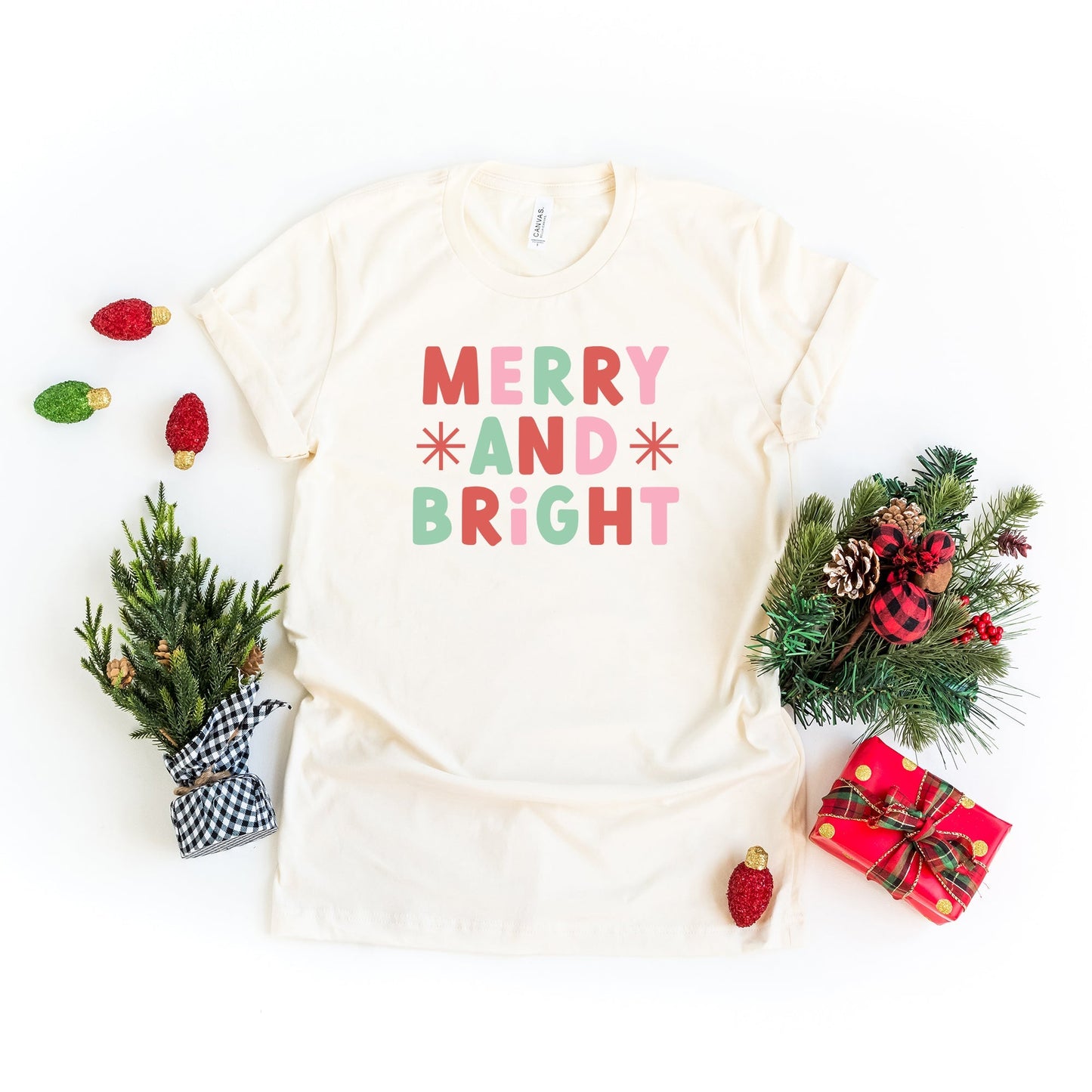 Retro Merry And Bright Stars | Short Sleeve Crew Neck