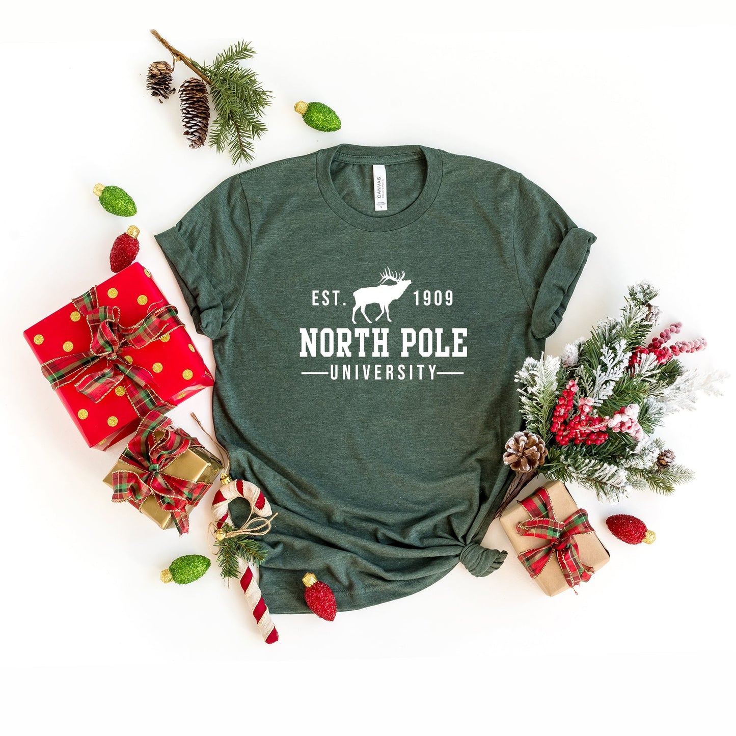 North Pole University With Reindeer | Short Sleeve Crew Neck
