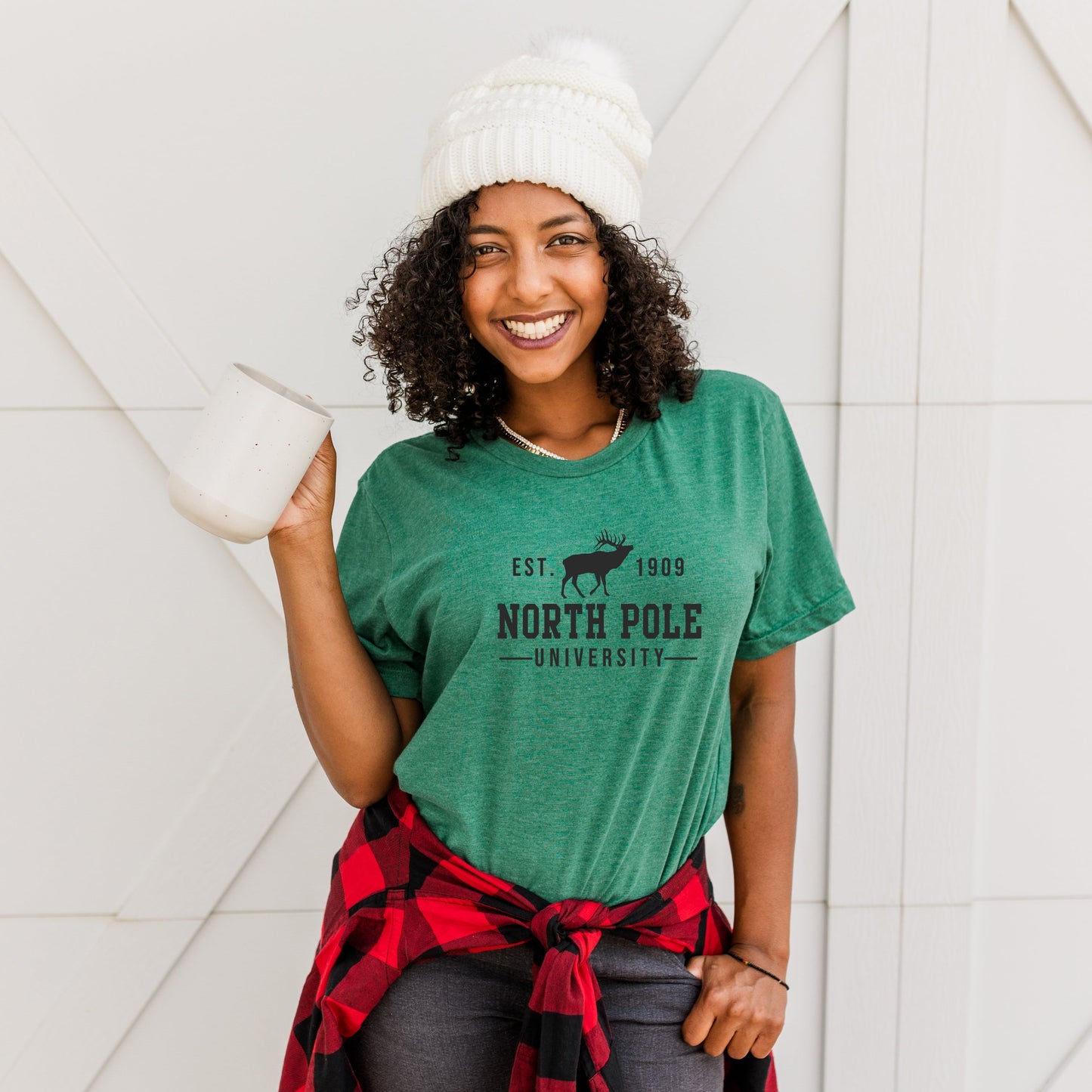 North Pole University With Reindeer | Short Sleeve Crew Neck