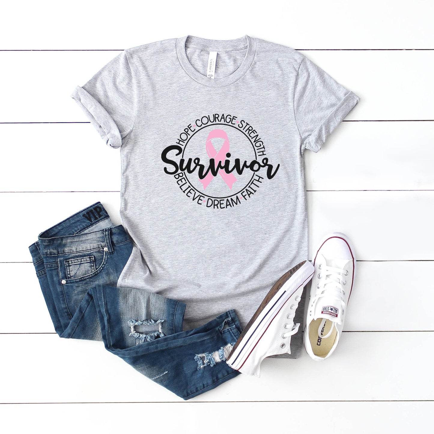 Breast Cancer Survivor Circle Words | Short Sleeve Crew Neck