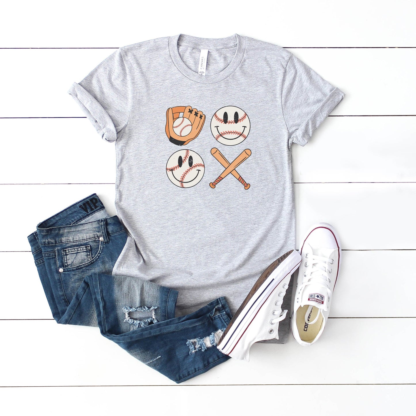 Vintage Bat And Baseball Smiley Face | Short Sleeve Crew Neck