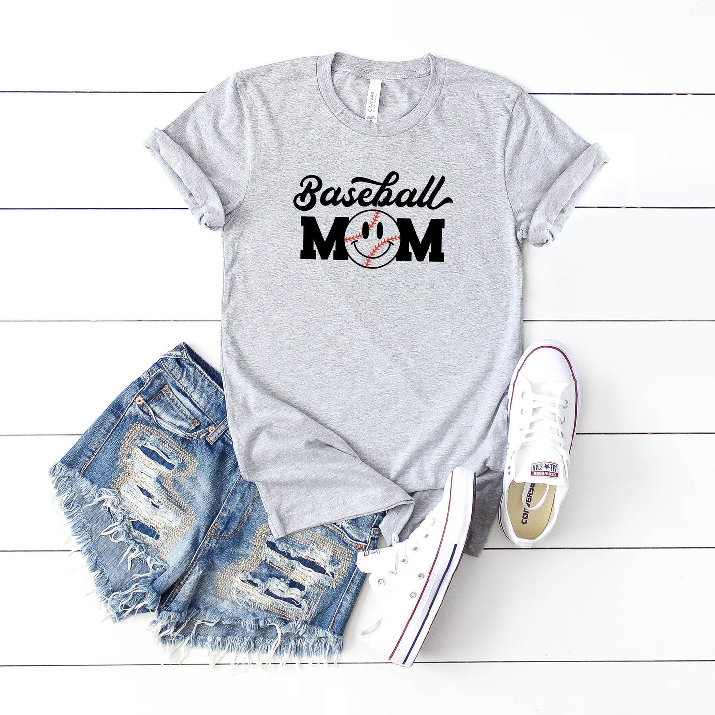 Baseball Mom Smiley Face | Short Sleeve Crew Neck