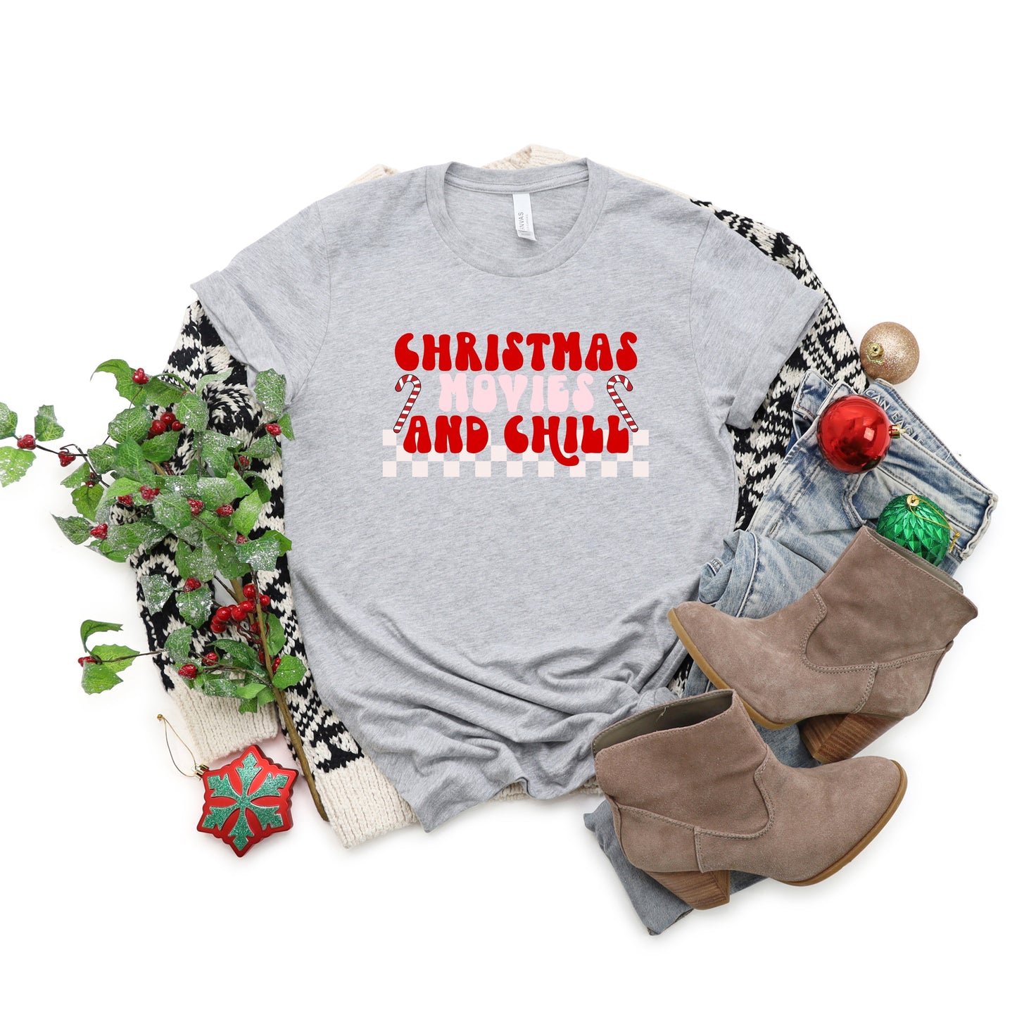 Christmas Movies And Chill Checkered | Short Sleeve Crew Neck