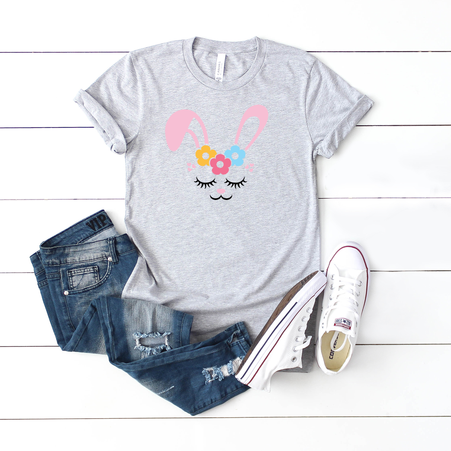 Bunny Face With Flowers | Short Sleeve Crew Neck
