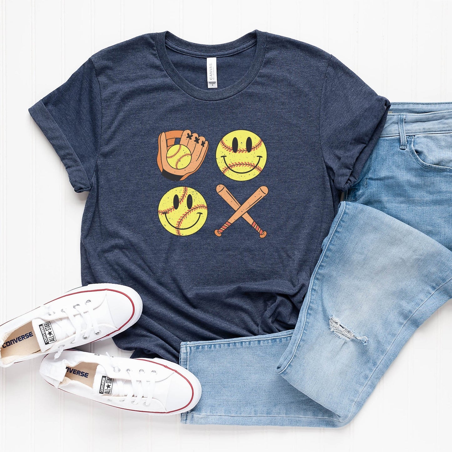 Vintage Bat And Softball Vibes Smiley Face | Short Sleeve Crew Neck