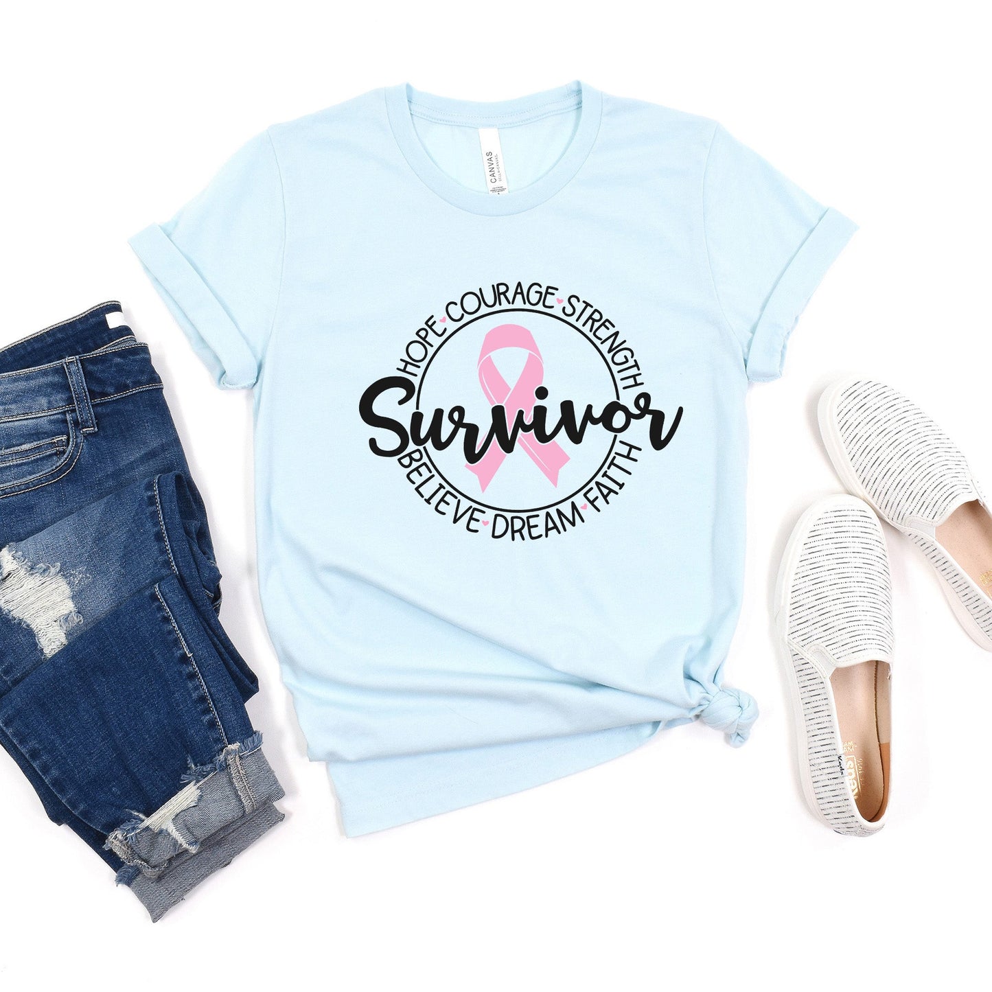 Breast Cancer Survivor Circle Words | Short Sleeve Crew Neck