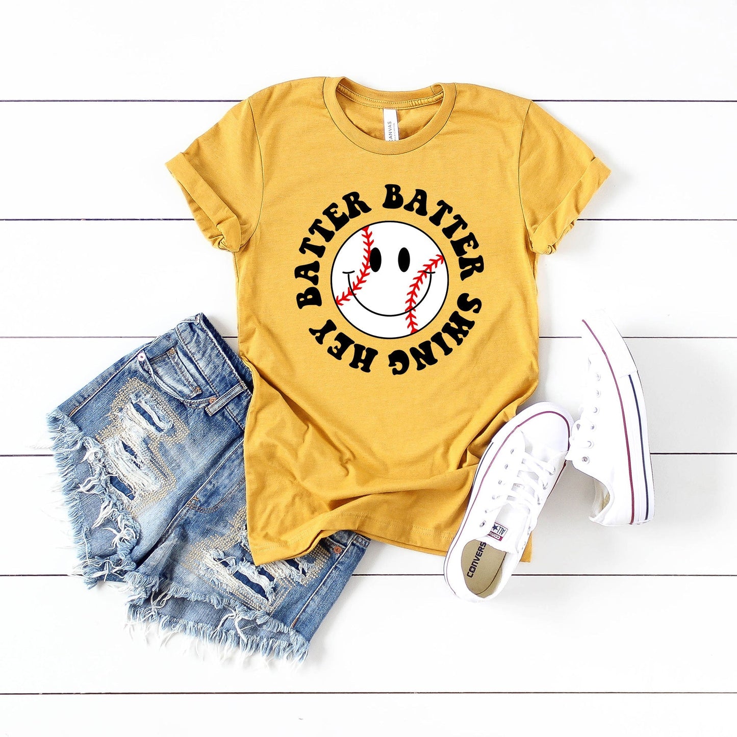 Hey Batter Batter Smiley Face | Short Sleeve Crew Neck