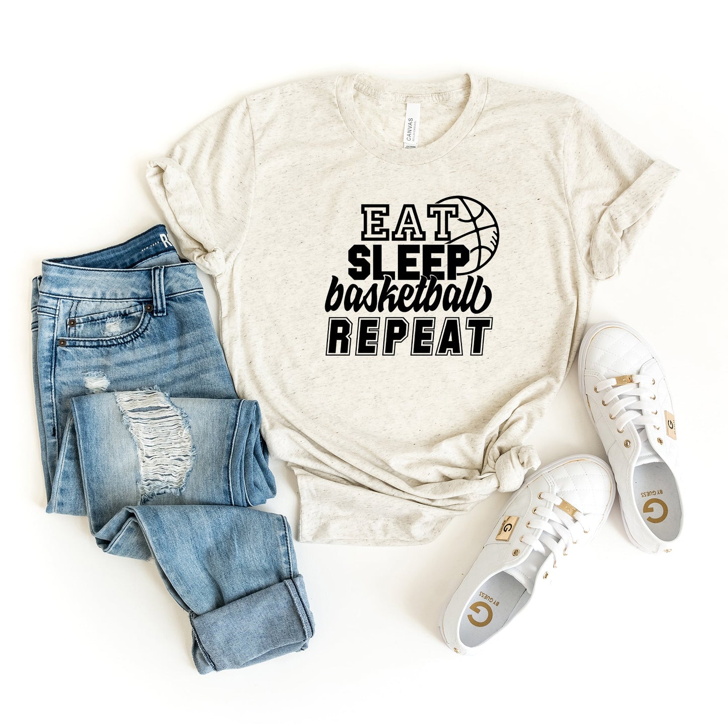 Eat Sleep Basketball Repeat With Ball | Short Sleeve Crew Neck