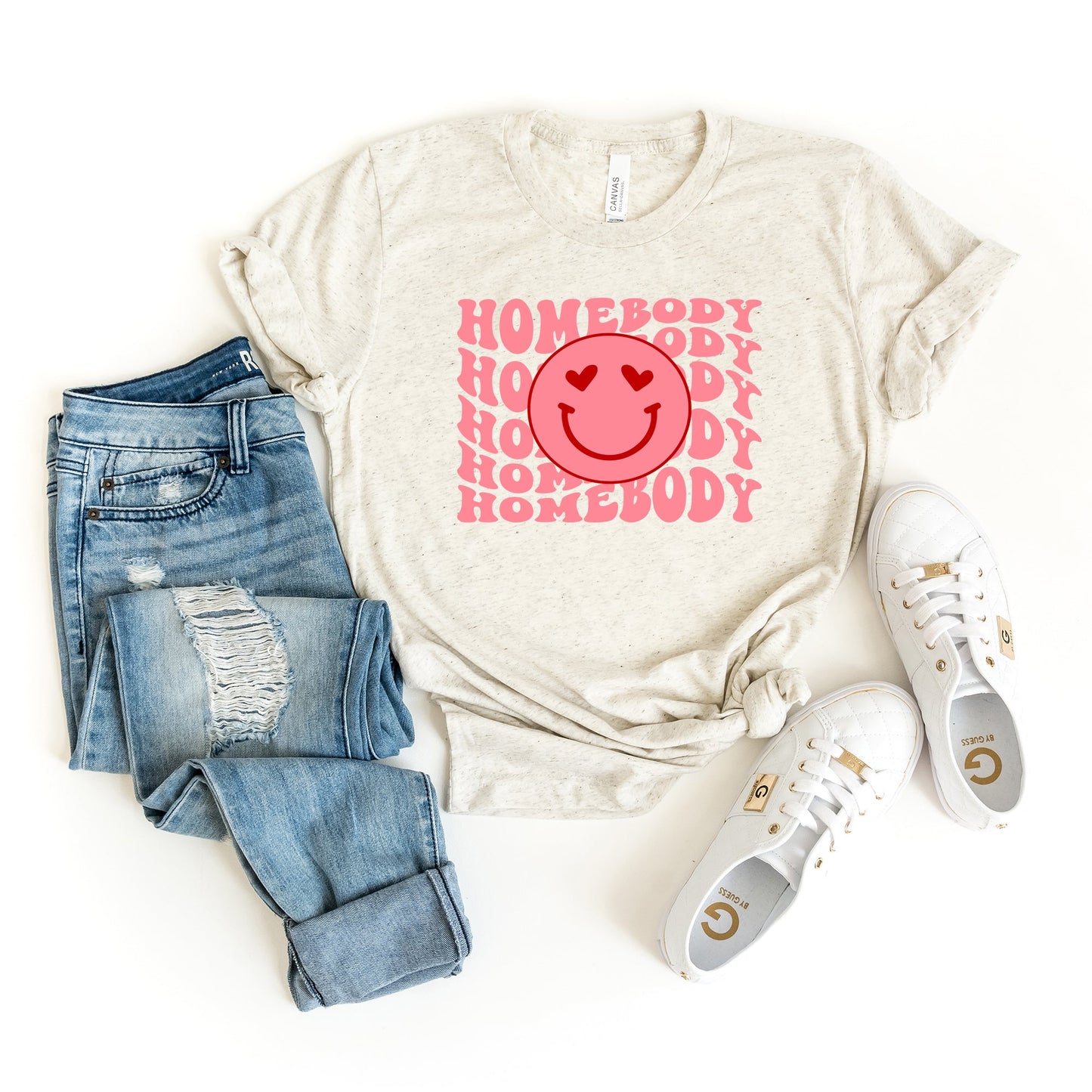 Homebody Stacked Smiley Face | Short Sleeve Crew Neck