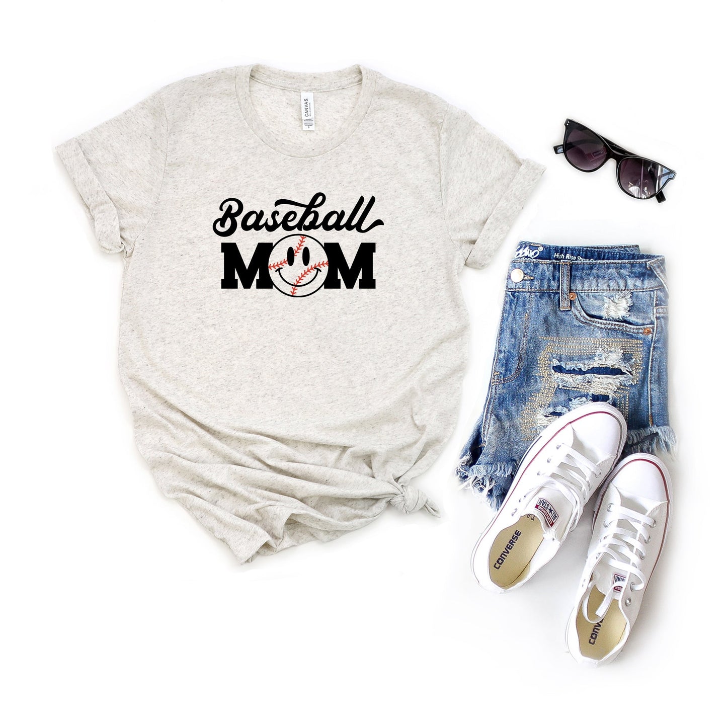 Baseball Mom Smiley Face | Short Sleeve Crew Neck