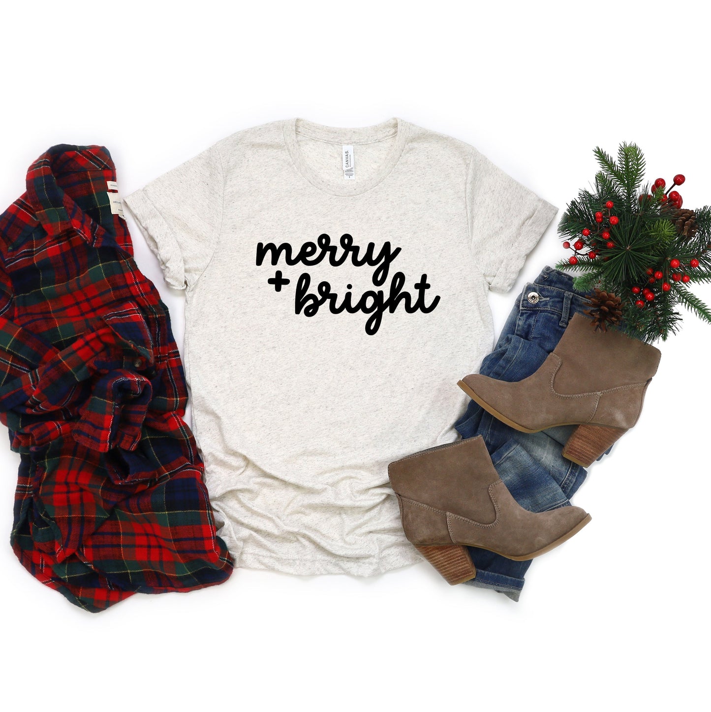 Merry And Bright Bold Cursive | Short Sleeve Crew Neck